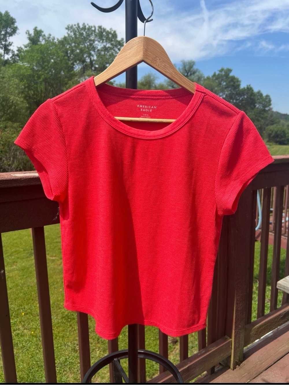 American Eagle Hey Baby Waffle Knit Tee Red Size L 90s Casual Basics Loungewear